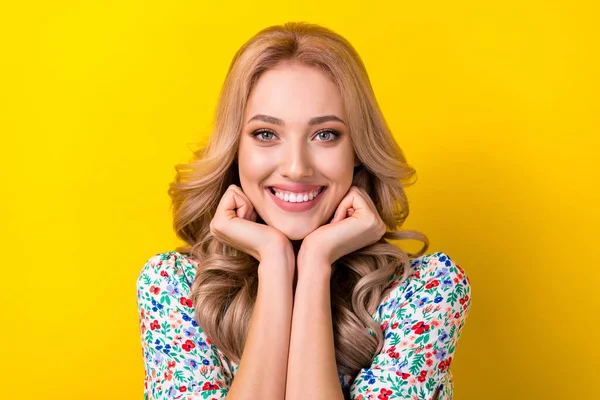 Portrait Cheerful Sweet Perfect Lady Curly Hairdo Two Arm Chin — Stock Photo, Image