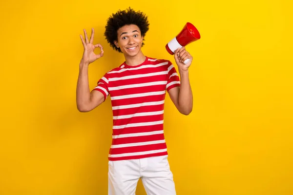 stock image Photo of pretty confident guy wear striped t-shirt showing okey gesture rising toa isolated yellow color background.