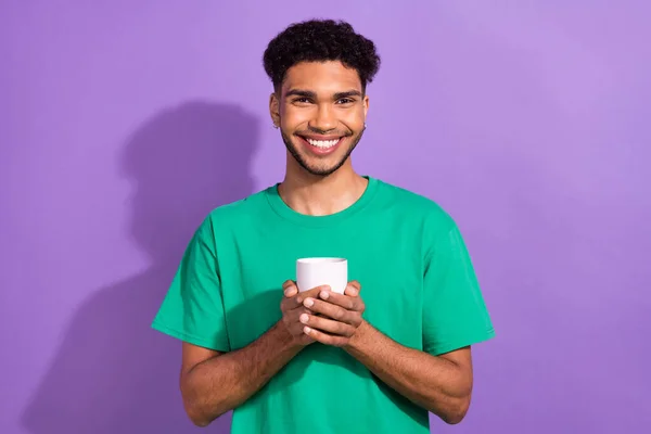 Portrait Peaceful Positive Person Beaming Smile Hands Hold Coffee Cup — Stock Photo, Image