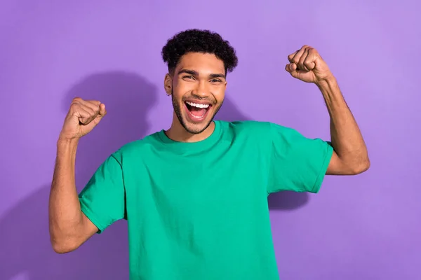 Portrait Delighted Overjoyed Person Raise Fists Shout Yeah Hooray Isolated — Stock Photo, Image