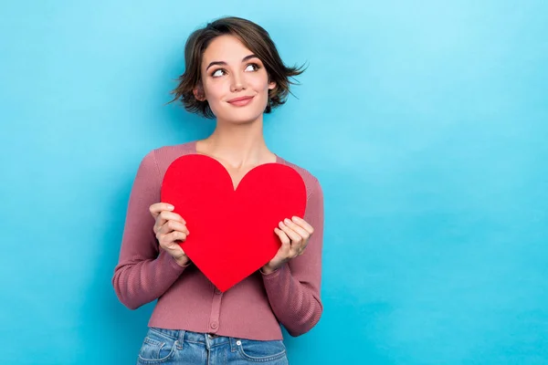 Sevimli Bir Bayanın Fotoğrafı Kırmızı Kağıt Kalp Sevgililer Günü Sağlık — Stok fotoğraf