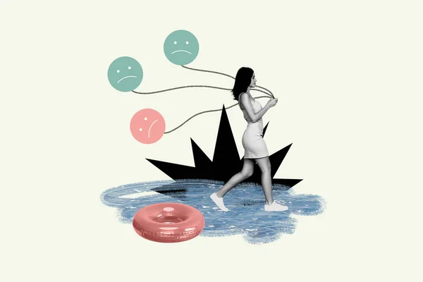 作品コラージュ黒白色のガンマ少女歩く水の腕のイメージは 白塗りの背景に隔離された満たされない絵文字の風船を保持 — ストック写真