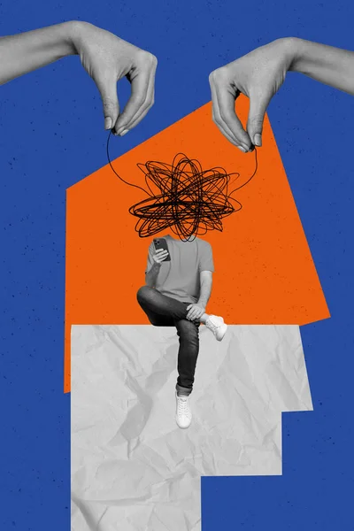 コラージュ写真の男のヘッドレス下のロープ混乱ゾンビオーバーロードスマートフォンユーザー隔離されたオレンジ色の青の背景 — ストック写真