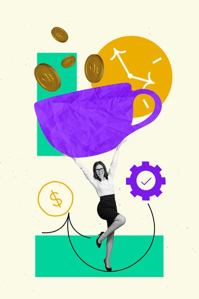Дизайн Ілюстрація Ілюстрація Колаж Молодої Робочої Дівчини Руки Вгору Чашка — стокове фото