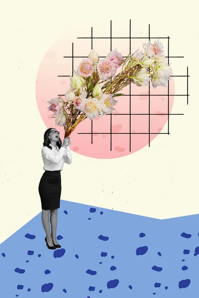 Collage Foto Joven Felicidad Dama Celebrar Flores Regalo Ramo Celebrar —  Fotos de Stock