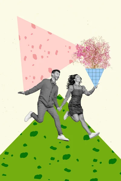 Dikey Kolaj Ilkbahar Poster Çiçekli Koşan Çift Bahçenin Arka Planına — Stok fotoğraf
