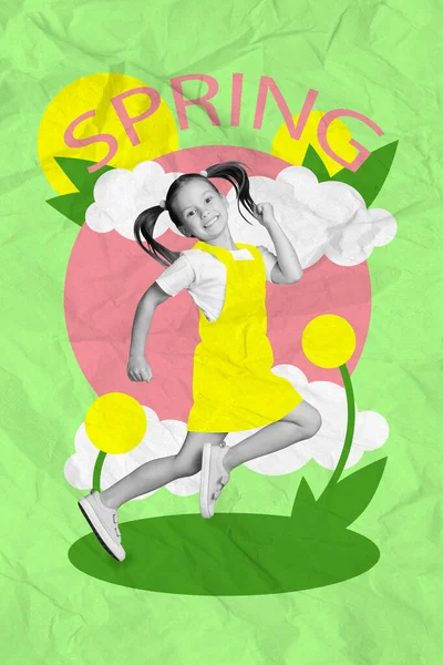 Konstverk Bild Affisch Collage Glada Bedårande Flicka Kör Gräs Gräsmatta — Stockfoto