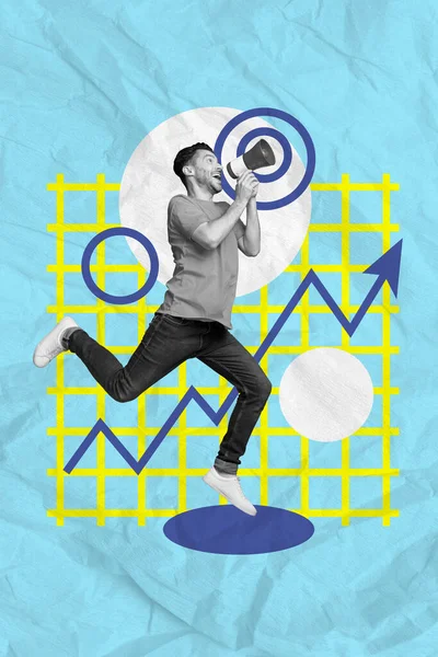Obra Arte Imagen Collage Cartel Feliz Hombre Emocionado Celebrar Megáfono —  Fotos de Stock