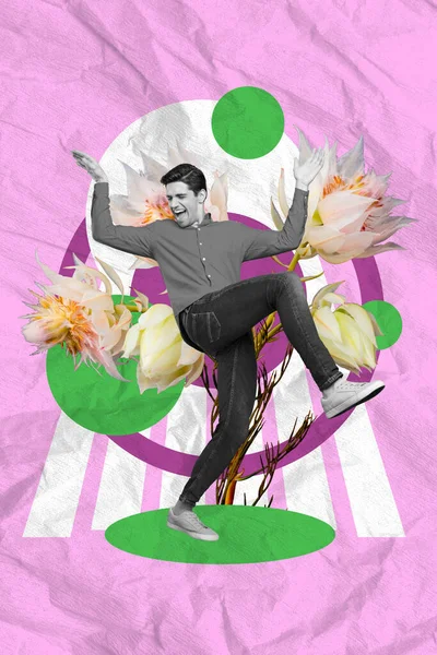 照片拼贴艺术最简单的图片酷酷时髦的家伙跳舞有乐趣享受花朵孤立粉红色的创作背景 — 图库照片