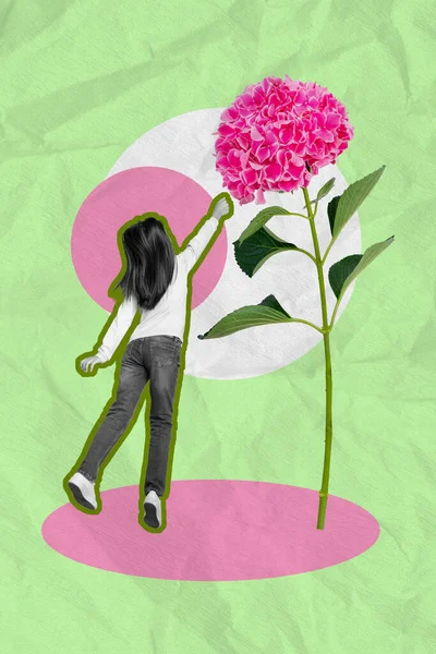 stock image Vertical image 3d collage poster of cute pretty little girt touch big size pink flower isolated on drawing green background.