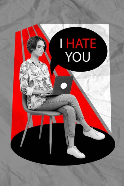 Image Affiche Collage Illustration Sérieux Confiant Femme Affaires Assis Chaise — Photo