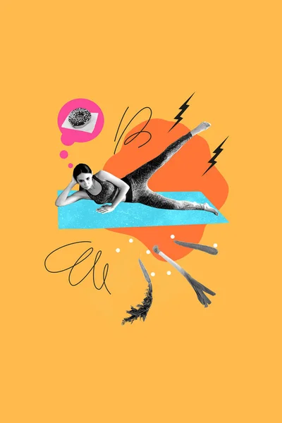 Pionowy Kolaż Obraz Myślących Sportowy Dziewczyna Rozciągająca Nogi Fitness Dywan — Zdjęcie stockowe