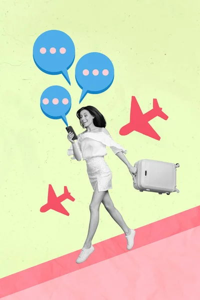 Vertical Collage Excited Funny Girl Run Hold Suitcase Use Smart — Stock Photo, Image