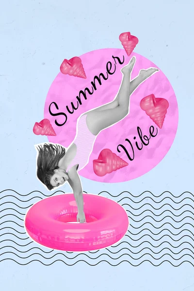 Imagem Colagem Vertical Cores Brancas Pretas Positivas Menina Saltando Mergulho — Fotografia de Stock