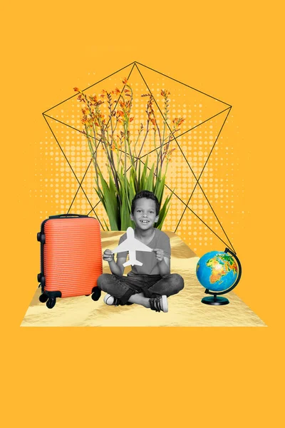 Konstverk Collage Unga Små Skolan Pojke Hålla Papper Flygplan Bagage — Stockfoto