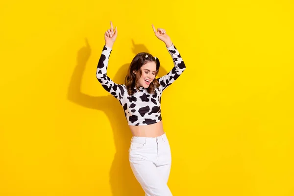 Photo of positive cow print fashioned girl raise fingers dance energetic isolated vibrant color background.