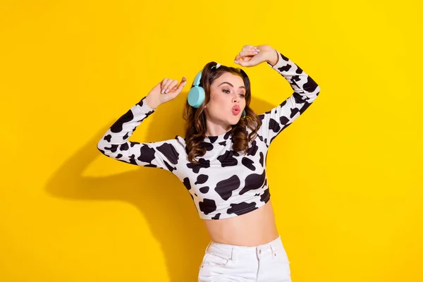 Photo Positive Girl Wear Dalmatian Print Clothes Listen Headset Rhythm — Stock Photo, Image
