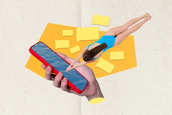 Collage Kunstwerk Grafiken Von Sexy Schlanke Dame Tauchen Apple Samsung — Stockfoto