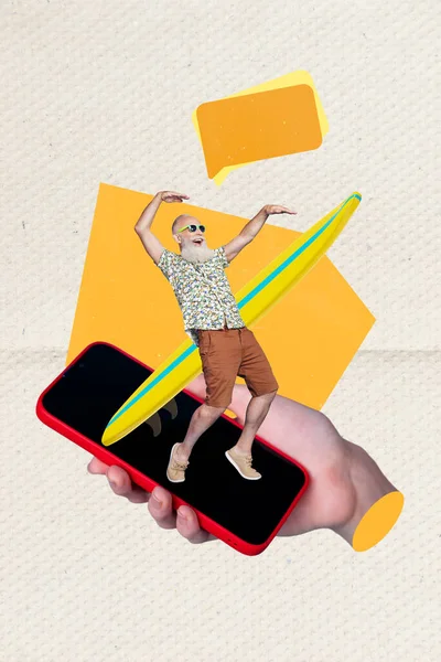 現代のデバイスをサーフィン興奮ファンキー男の創造的なグラフィックコラージュイメージはカラフルな背景を隔離 — ストック写真