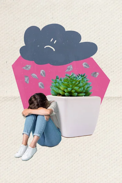 Kreatywna Grafika Fotograficzna Kolaż Płaczącej Pani Problemami Pada Chmura Odizolowane — Zdjęcie stockowe
