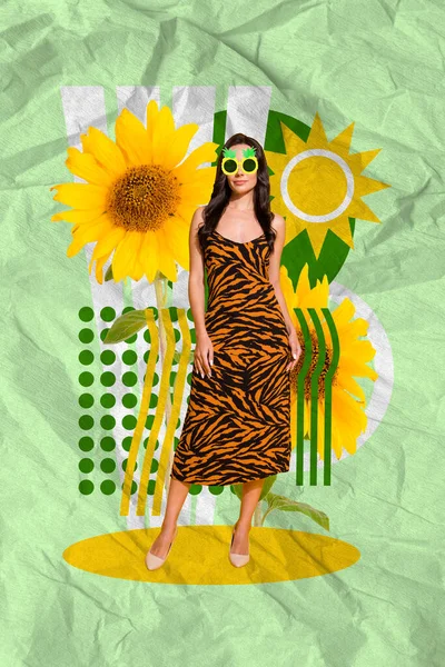 Cuadro Collage Vertical Niña Elegante Desgaste Vestido Piña Sunglass Sol —  Fotos de Stock