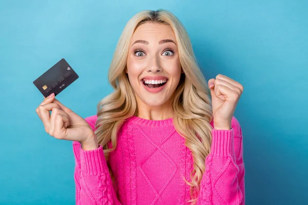 Photo Tricky Lucky Lady Wear Pink Sweater Rising Bank Card — Stock Photo, Image
