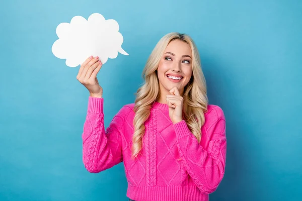 Photo Pleasant Minded Girl Dressed Knit Sweater Hold Mind Bubble — Stock Photo, Image