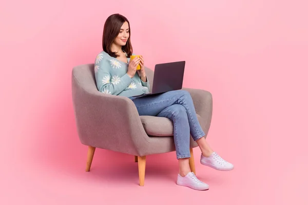 若い女性のフル長いです写真茶色の髪椅子休憩室飲みおいしいコーヒーを見てYoutube Netbook孤立したピンクの背景 — ストック写真