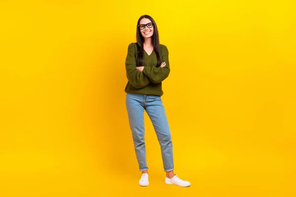 Full Length Photo Cute Confident Woman Dressed Khaki Sweater Spectacles — Stock Photo, Image