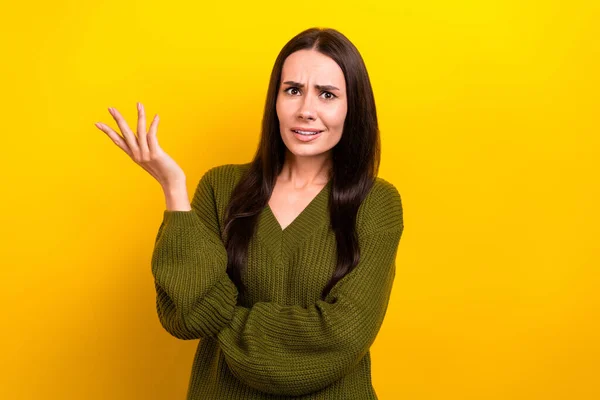 Portrait Unsatisfied Pretty Person Raise Hand Talk Complain Isolated Yellow — Stock Photo, Image