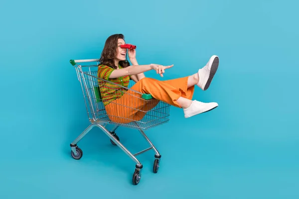Full Size Photo Ecstatic Cute Woman Sit Shopping Cart Look — Stock Photo, Image