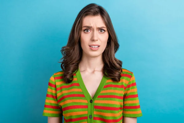 Portrait Dissatisfied Gorgeous Woman Wavy Hairdo Dressed Colorful Cardigan Staring — Stock Photo, Image