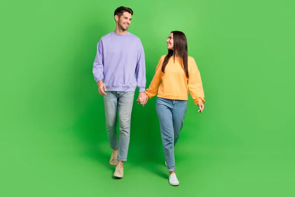stock image Full body portrait of two lovely peaceful partners hold hands walking look each other isolated on green color background.