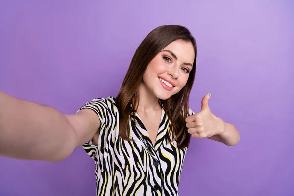 Portrait Lovely Cheerful Girl Take Selfie Demonstrate Thumb Isolated Purple — Stock Photo, Image