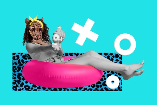 Criativa Gráficos Colagem Tigre Senhora Funky Vez Cabeça Natação Círculo — Fotografia de Stock