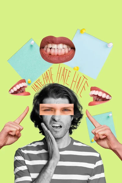 Vertical Collage Big Talking Laughing Mouth Arms Point Fingers Black — Stock Photo, Image
