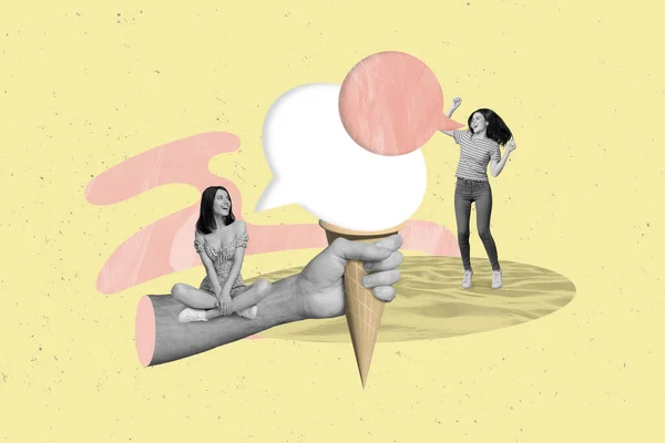 2人の女の子のポスターバナーコラージュ一緒に話す広告夏の季節の販売上のアイスクリームスナックデザート — ストック写真