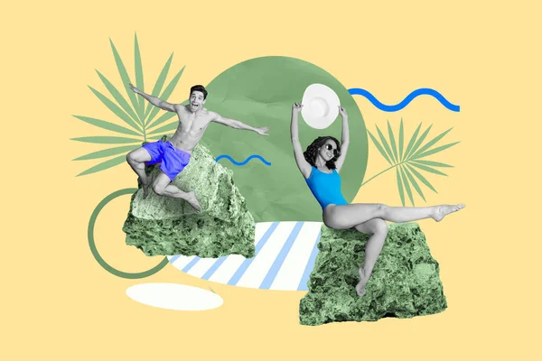 テンプレート画像雑誌コラージュの二人の友人カップル女性男楽しんでいますエキゾチックなスパリゾートスイミングで緑の岩 — ストック写真