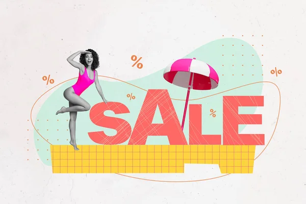 Photo Billboard Collage Young Wearing Swimsuit Girlish Lady Promoter Sale — Stock Photo, Image