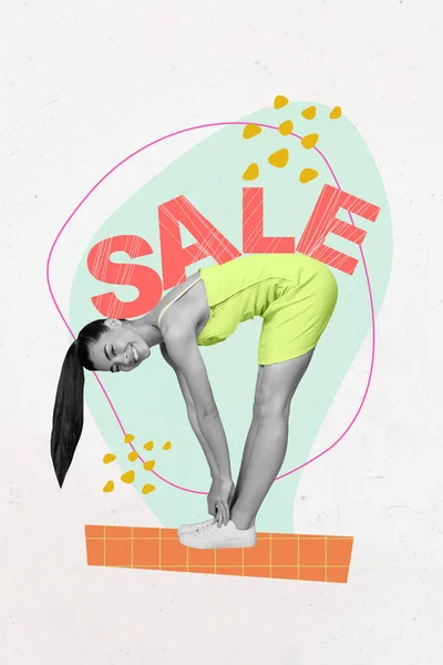Criativa Modelo Colagem Vertical Anúncio Promo Jovem Senhora Corpo Desportivo — Fotografia de Stock