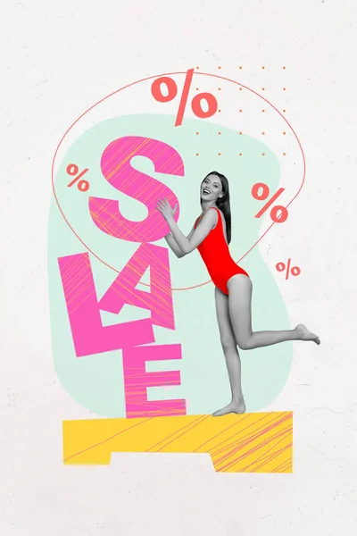 아름다운걸팔기 포스터가 가게에서 수영복을 콜라주는 배경이 그려진 시즌의 할인을 입는다 — 스톡 사진