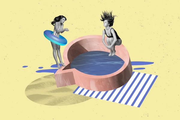 海报横幅3D拼贴两个喜欢游泳的朋友女士在云雾形状的游泳池里跳 — 图库照片