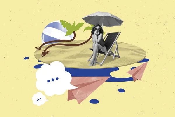 Image Banner Poster Collage Traveler Lady Sitting Chaise Lounge Sunbathing — Stock Photo, Image