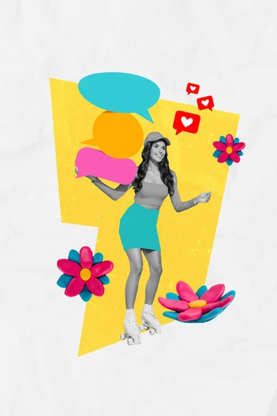 Vertical Collage Photo Young Woman Riding Rollerblades Plasticine Flowers Dialogue — Stock Photo, Image