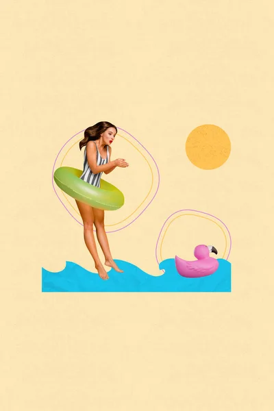 美丽女士的海报拼贴横幅享受避暑胜地休闲活动潜入游泳池水 — 图库照片