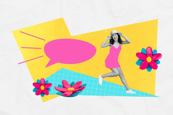 Collage Composito Giovane Ragazza Funky Touch Sunhat Comunicazione Messaggio Annuncio — Foto Stock