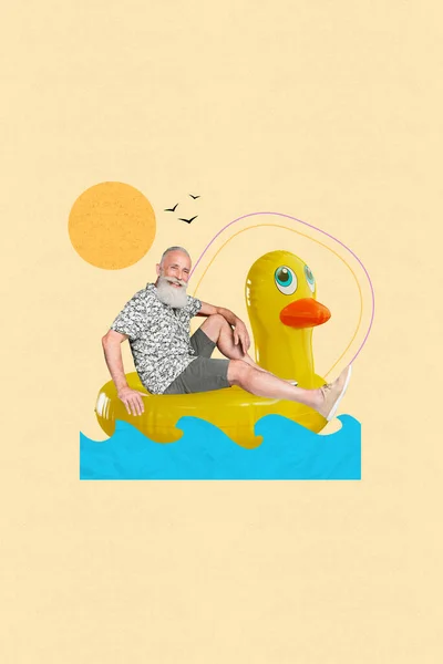 Kreativ Bild Foto Collage Pensionär Man Simning Gummi Uppblåsbar Leksak — Stockfoto