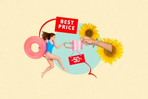Bild Skizze Collage Bild Der Aufgeregten Dame Kaufen Strandtasche Besten — Stockfoto