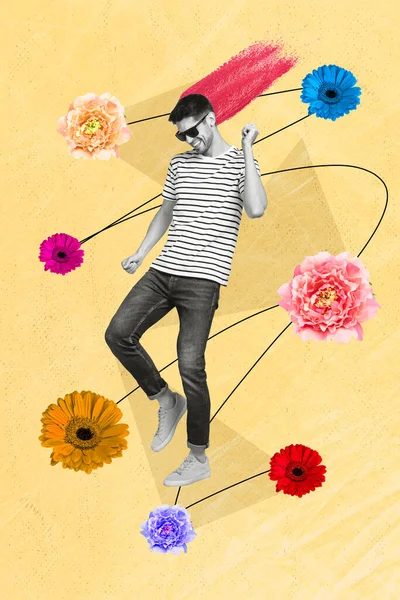 コラージュアートワークグラフィックス幸せな笑顔の男の絵花を楽しんで孤立した絵画の背景 — ストック写真