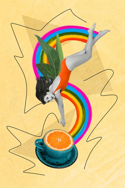 コラージュ3Dピンナップポップレトロスケッチ画像のセクシー女性ジャンプ柑橘飲料カップ隔離された絵画背景 — ストック写真